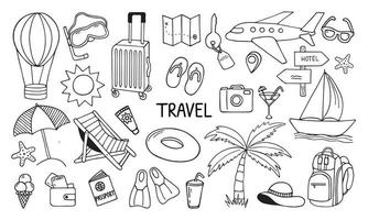 conjunto de doodle de viaje. iconos de turismo y aventura de verano. bolsa, billete, transporte, cámara, mapa en estilo boceto. Ilustración de vector dibujado a mano aislado sobre fondo blanco.