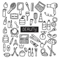 Set of beauty, makeup, cosmetic doodles. . Hand drawn vector illustration isolated on white background.