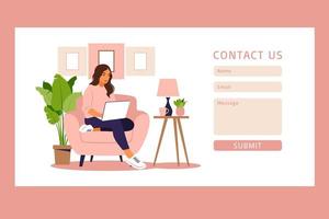 Contact us form template for web and Landing page. Freelancer girl working at home on laptop. Online customer support, help desk concept and call center. Vector illustration in flat.