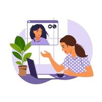 Girl at home or in the office at a desk with a laptop. Communication with the team via video online, urgent meeting, remote work, freelance. Vector flat illustration.