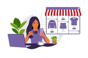 A young woman is shopping online using a laptop. Pay for purchases with a credit card over the Internet. The concept of online payments and electronic purchases, shopping. Vector illustration. Flat.
