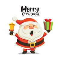 Cartoon cute and smiling Santa Claus holding bell and big box Christmas gift present. Merry Christmas lettering vector