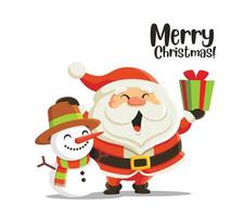 Merry Christmas and Happy New Year. Cute cartoon Santa Claus holding Christmas present and hand touch on snowman head. Holiday greeting card Santa Claus and snowman. Merry Christmas lettering vector