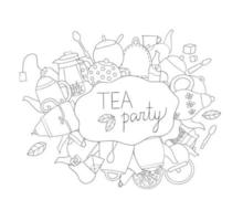 Tea elements black and white vector background. Tea party invitation or banner. Teapots coloring page. Doodle style drawing