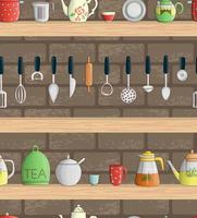 Vector seamless pattern of colored kitchen tools on shelves with brick background. Vintage repeat backdrop with isolated colorful apron, cutlery, chopping board, saucepan, measuring cup, grater