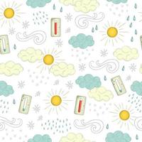 Vector seamless pattern of weather elements. Cute doodle style repeat background of sun, wind, rain, snow, clouds, hot and cold temperature