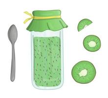 Vector illustration of colored jar with kiwi jam. Kiwi piece, pot with marmalade, spoon isolated on white background. Watercolor effect.