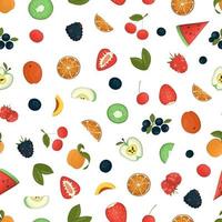 Vector seamless pattern of fruit and berries. Repeating background with orange, apple, apricot, watermelon, kiwi, strawberry, raspberry, blackberry, blueberry, cherry. Fresh colorful illustration.