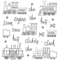 Vector black and white set of retro engines. Vector illustration of vintage trains isolated on white background. Cartoon style illustration of old trains for children