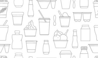 Vector seamless pattern of different kinds of yoghurt. Hand drawn repeating background of organic fresh dairy products. Natural food line drawing collection.