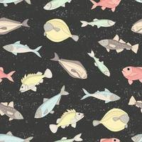 Vector colored seamless pattern of fish isolated on black textured background. Colorful repeating background with halibut, rock-fish, mackerel, herring, flatfish, sprat, grouper, cod. Underwater