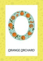 Colorful alphabet letter O. Phonics flashcard. Cute letter O for teaching reading with cartoon style oranges. vector