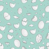 Vector seamless pattern with eggs and pieces of eggshell on blue background. Cute cartoon style background. Hand drawn doodle backdrop for Easter. Children illustration.