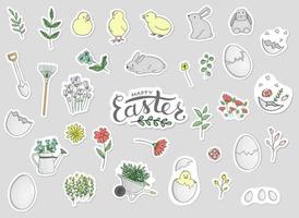 Vector set of Easter stickers. Hatching chicks, rabbits, eggs, herbs, flowers in pastel colors. Cute cartoon style illustration. Hand drawn doodle Easter collection with lettering