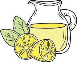 Yellow lemons and lemonade in glass jug. Fresh summer drink vector
