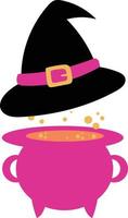 Black witch hat and cauldron in purple and pink colors vector