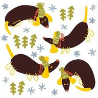 perros salchicha de invierno con árboles de Navidad y copos de nieve. vector