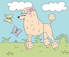 children's bright illustration in which a poodle is a girl and butterflies vector