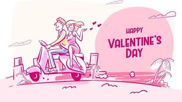 Retro Style of Romantic Couple Ride Scooter on Valentine's Day vector