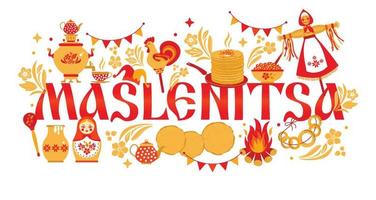 Vector set on the theme of the Russian holiday Carnival. Russian translation wide Shrovetide or Maslenitsa.