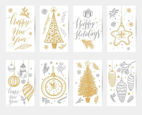 Merry Christmas cards set. Hand Drawn new year collections. Winter design doodle elements in gold and silver color.