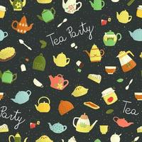 Vector seamless pattern of colorful teapots, pie, sandwich, jam jar. Bright tea repeat background. Colored kettles on dark background. Vintage textured doodle style backdrop. Tea party invitation