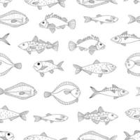 vector de patrones sin fisuras en blanco y negro de peces de mar. Fondo monocromático repetido con fletán, pescado de roca, caballa, arenque, pez plano, espadín, mero, bacalao. Ilustración submarina.