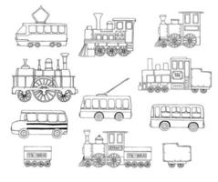 vector conjunto blanco y negro de motores retro y transporte público. Ilustración vectorial de trenes antiguos, autobuses, tranvías, trolebuses aislados sobre fondo blanco. ilustración de estilo de dibujos animados