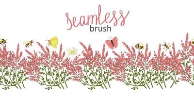 Vector  border brush with wild flowers and insects. Repeat border pattern with heather, camomile butterfly, moth, bumblebee, bee in cartoon style.