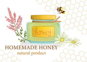 Vector illustration of honey jar with wild flowers and bumblebee. Banner, card, template, sign, signboard or poster for home made honey shop. Watercolor effect.