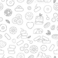 Vector seamless pattern of black and white doughnuts. Donut repeat backdrop. Linear art repeat texture of sweet bakery goods. Graphic drawing of cakes