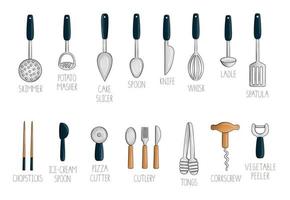 Vector set of colored kitchen tool. Bright pack of cutlery, rolling pin, spatula, whisk, knife, spoon, ladle, fork, pizza  cutter, corkscrew, vegetable peeler, skimmer. Cartoon style