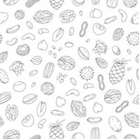 vector sin patrón de frutos secos en blanco y negro. Repita el fondo con avellana monocromática aislada, nuez, pistacho, anacardo. textura de comida en estilo de dibujos animados