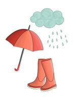 Vector illustration of rain pouring from clouds and umbrella shielding rubber boots. Autumn weather picture.