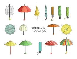 Vector set of colored umbrellas isolated on white background. Monochrome pack of rain shields. Cartoon style