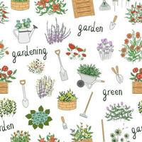 Vector seamless pattern of colored garden tools, flowers, herbs, plants with lettering. Repeat background with spade, shovel, rakes, wheel barrow, watering can