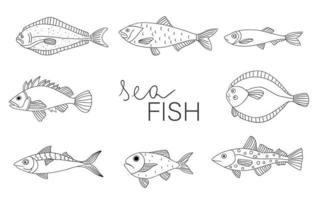 vector conjunto de peces en blanco y negro aislado sobre fondo blanco. colección monocromática de fletán, pescado de roca, caballa, arenque, pez plano, espadín, mero, bacalao. ilustración submarina