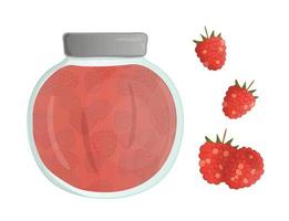 Vector illustration of colored jar with raspberry jam. Raspberry, pot with marmalade isolated on white background. Watercolor effect.