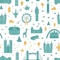 Vector seamless pattern with London attractions in cartoon style. Repeating background with main English sightseeing and places of interest. Background for travel guide or poster. Cute London