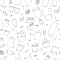 Vector seamless pattern of different kinds of yoghurt with fruit and berry. Hand drawn repeating background of organic fresh dairy products. Natural food line drawing collection.