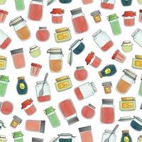 Vector seamless pattern of colored jam jars. Colorful vintage repeat background with preserved food in pots isolated on white background.  Watercolor effect.