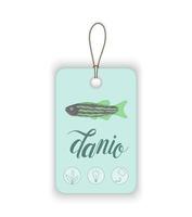 Vector price tag with aquarium fish and lettering. Illustration for pet shops. Aquarium fish names and icons. Cute danio picture