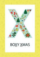 Colorful alphabet letter X. Phonics flashcard. Cute letter X for teaching reading with cartoon style Christmas tree, balls, gingerbread, garland, Santa hat, holly, poinsettia, cracker, vector