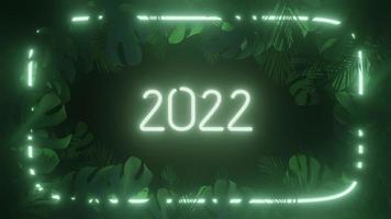 3D footage with Tropical green leaf frame and neon 2022 video