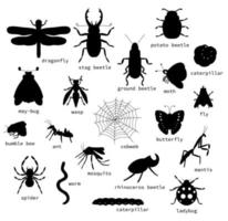 vector conjunto de siluetas de insectos negros con texto. colección de aislados sobre fondo blanco monocromo abeja, abejorro, may-bug, mosca, polilla, mariposa, oruga, araña, mariquita, escarabajo ciervo