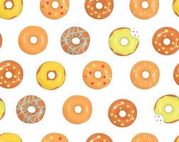 Vector seamless pattern of colorful doughnuts. Bright donuts background. Sweet bakery goods. Drawing of cakes with glazing and sprinkles isolated on white background