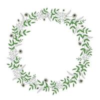 Vector wreath of garden flowers and herbs. Hand drawn cartoon style illustration. Cute summer or spring frame for wedding, holiday or card design