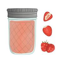 Vector illustration of colored jar with berry jam. Raspberry, strawberry, cherry, pot with marmalade isolated on white background. Watercolor effect.