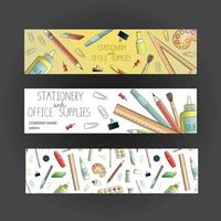 Bright colored stationery, writing materials, office or school supplies bookmarks. Stationery shop advertisement, banner, leaflet. Doodle style illustration of pen, pencil, ruler, glue, paint, brush vector