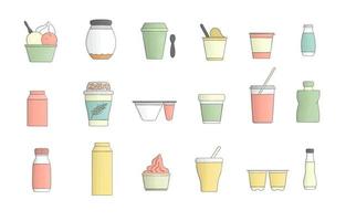 vector de color conjunto de diferentes tipos de yogur. Conjunto dibujado a mano de productos lácteos frescos orgánicos aislados sobre fondo blanco. recogida de alimentos naturales.